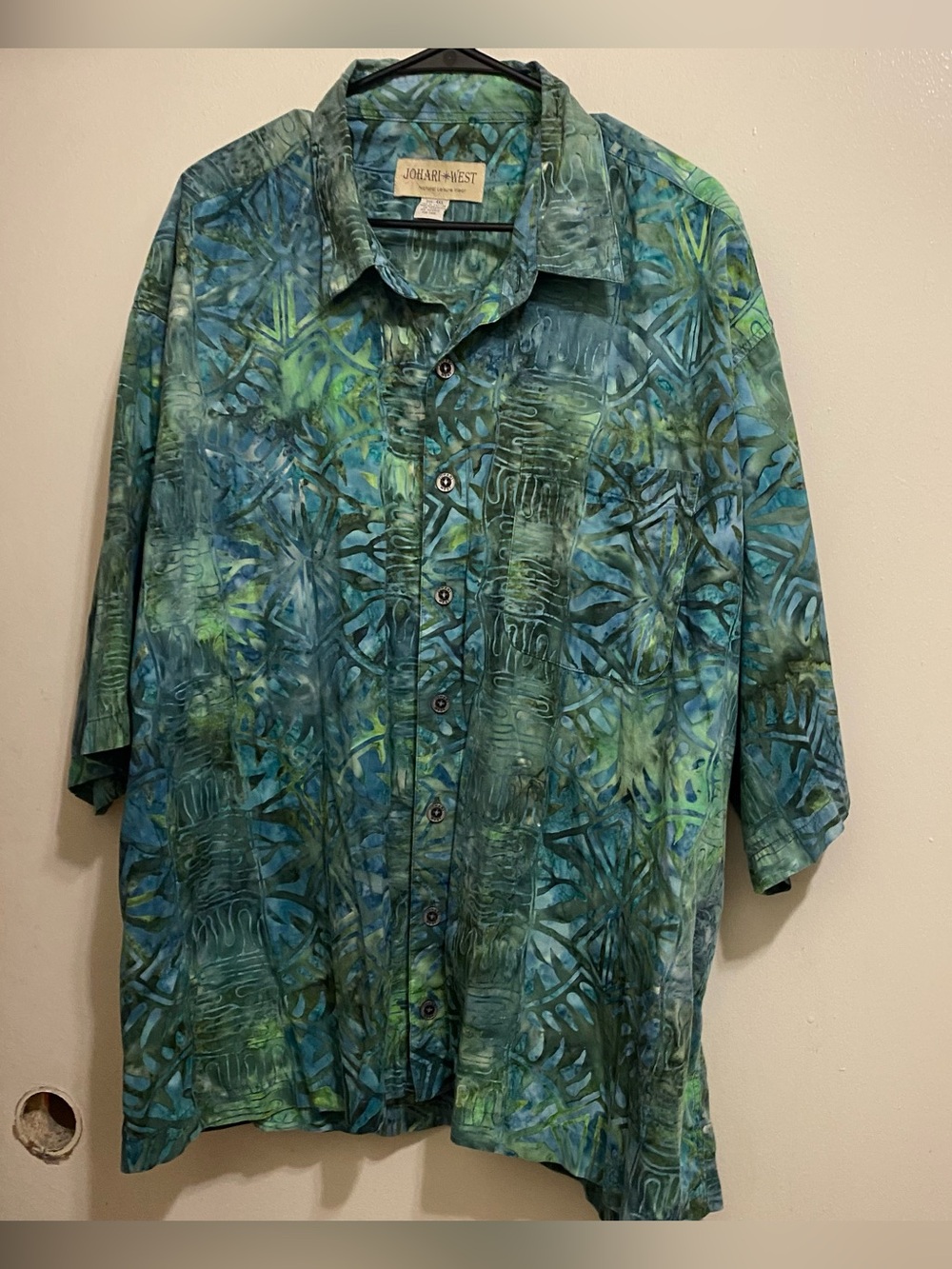 Johari West Mens 4XL 62” Shirt Button Down Batik Tropical Blue Green Print